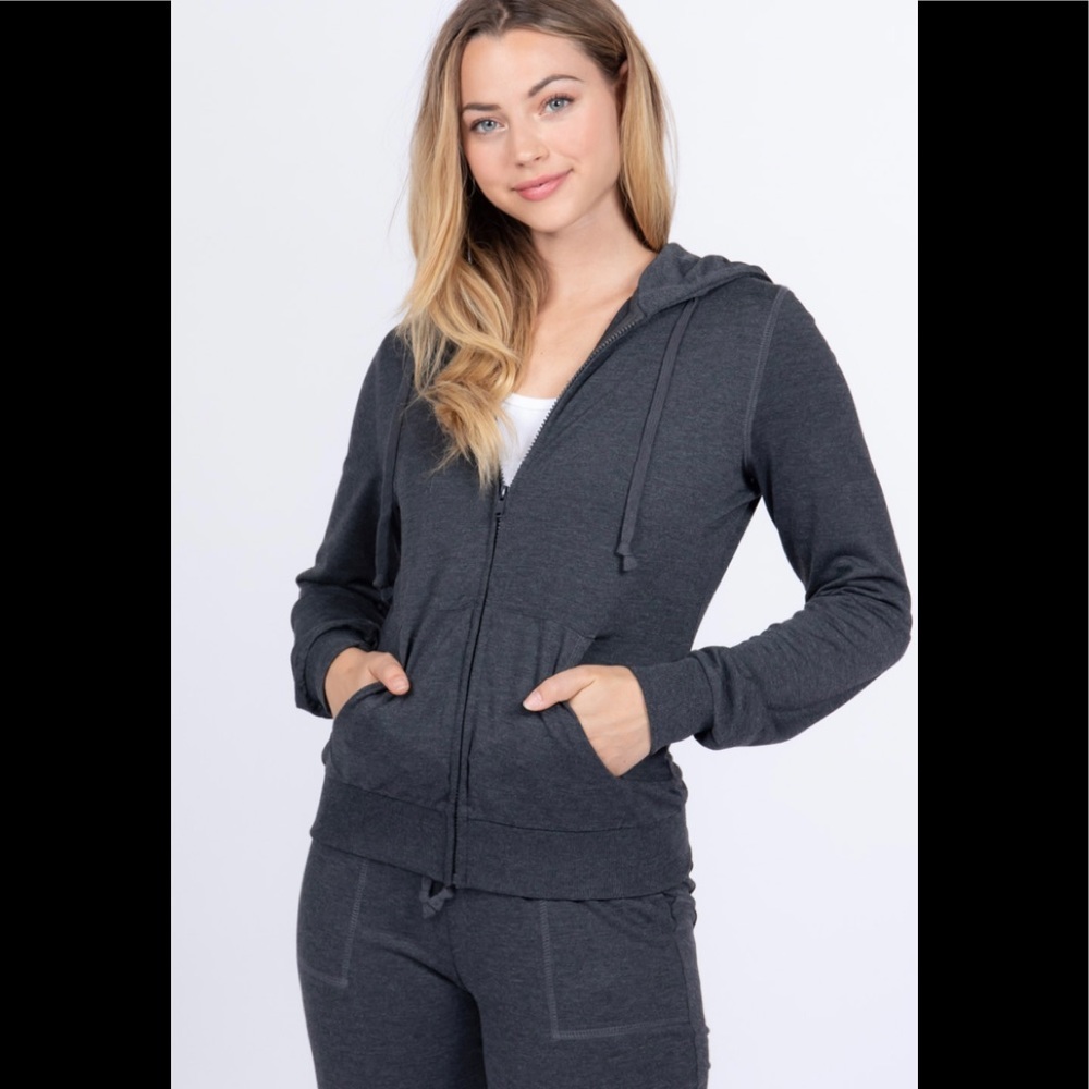 Charcoal French terry long sleeve hoodie zip up jacket and pant set. - Picture 3 of 4